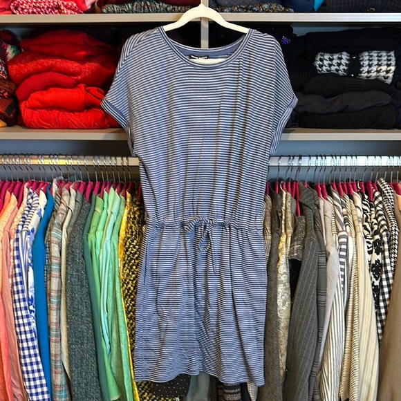 Hilary Radley blue/white striped button cinch waist short sleeve dress S NWT - Picture 1 of 3